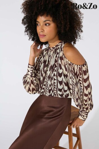 Ro&Zo Abstract Animal Cold Shoulder Brown Top (509454) | £69