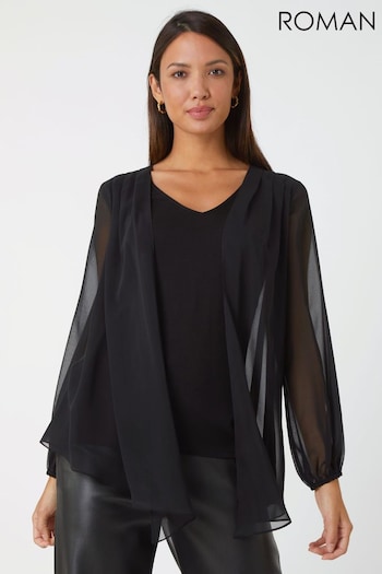 Roman Black Chiffon Contrast Overlay Stretch Top (509651) | £36