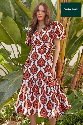 Another Sunday Puff Sleeve Midi Wrap Dress in Orange Geo Print (509710) | £65