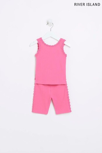 River Island Girls Pink Flower Trim Vest Set (509905) | £15
