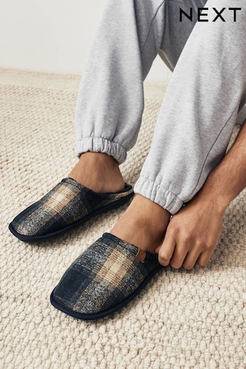Navy Blue Check Mule Slippers (510113) | £18