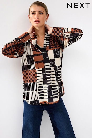 Black/Brown Check Long Sleeve Overhead V-Neck Relaxed Fit Blouse (510206) | £25