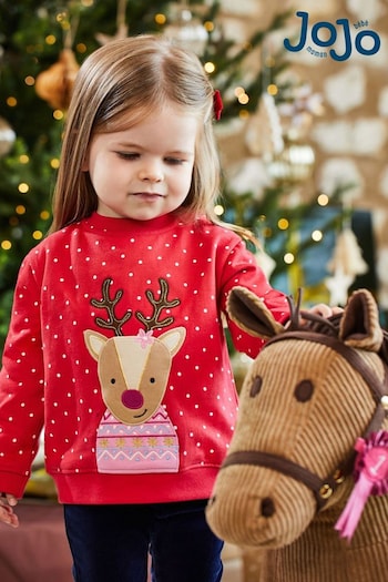 JoJo Maman Bébé Red Girls' Reindeer Appliqué Sweatshirt (510267) | £24.50
