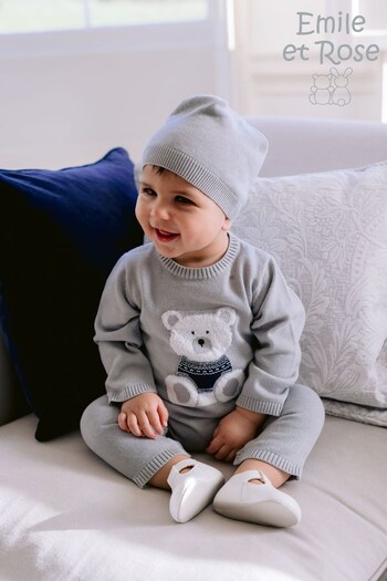 Emile Et Rose Grey Knitted All-In-One, Large Teddy Bear Motif & Hat (510355) | £50