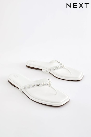 White Regular/Wide Fit Pearl Effect Toe Post Sandals (510362) | £32