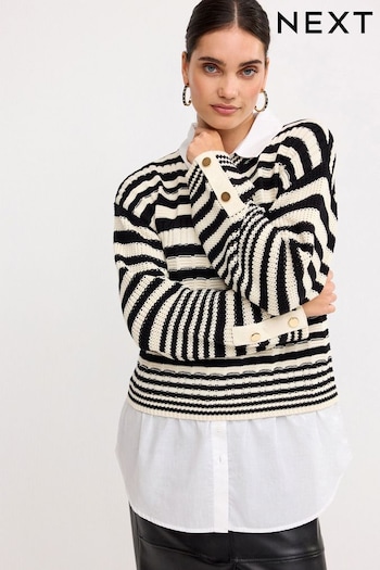 Black and Ecru Cream Stripe Stitch Detail Shirt Layer Jumper (510441) | £41