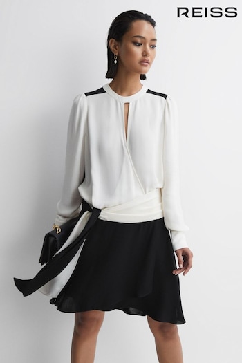 Reiss Ivory/Black Sadie Colourblock Belted Mini Dress (510540) | £198