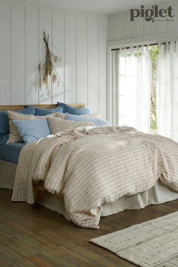 Piglet in Bed Cafe au Lait Check Stripe Linen Duvet Cover (510603) | £159 - £229