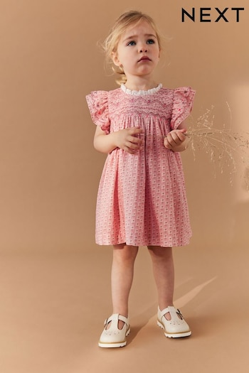 Pink Embroidered Shirred Frill Sleeve Dress (3mths-8yrs) (510917) | £20 - £26