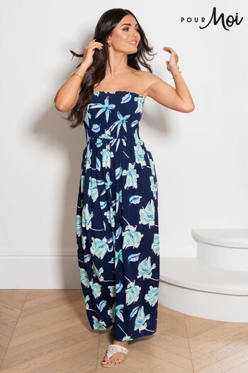 Pour Moi Blue Tropical Removable Straps Shirred Bodice Maxi Dress (511154) | £42