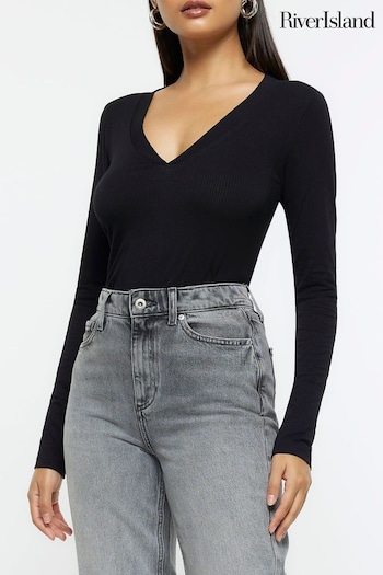 River Island Black Fitted V-Neck Rib Top (511348) | £18
