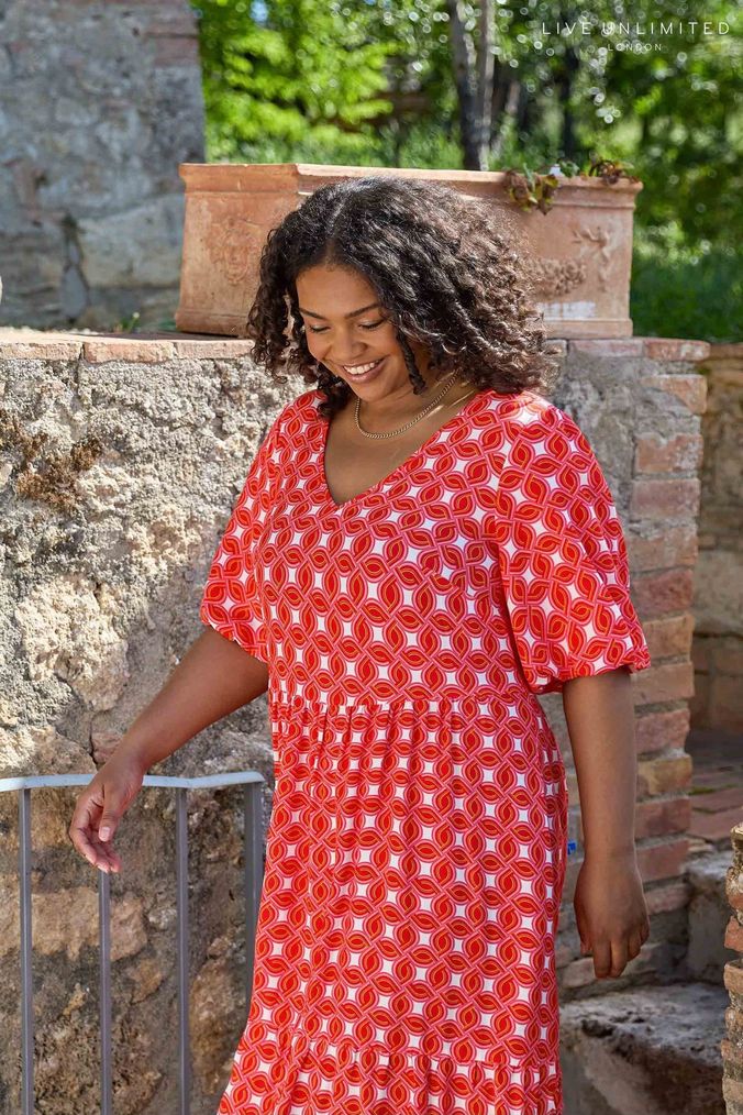 Live Unlimited Red Geo Print Tiered Midi Dress (511647) | £79