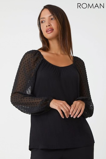 Roman Black Textured Spot Chiffon Sleeve Top (511991) | £30