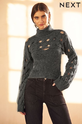 Charcoal Grey 2 In 1 Open Stitch Vest and Roll Neck Cropped Shrug Jumper (512097) | £48