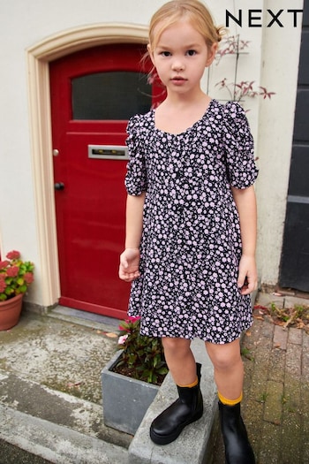 Black/Pink Floral Ruched Sleeve Dress (3-16yrs) (512855) | £14 - £19