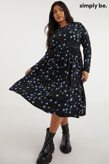 Simply Be Ditsy Floral Supersoft Black Midi Dress (512963) | £26