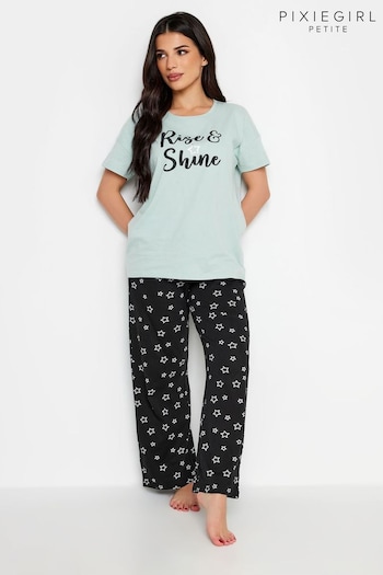 PixieGirl Petite Green 'Rise & Shine' Slogan Wide Leg Pyjama Set (513676) | £24