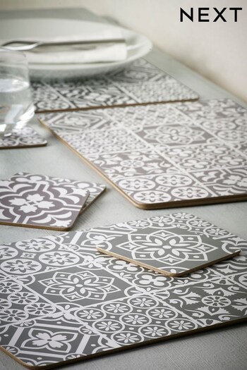 Grey Set of 4 Tile Printed Placemats And Coasters (514201) | £18