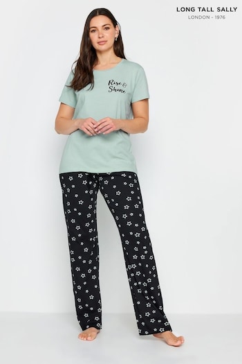 Long Tall Sally Green 'Rise & Shine' Slogan Wide Leg Pyjama Set (514372) | £24