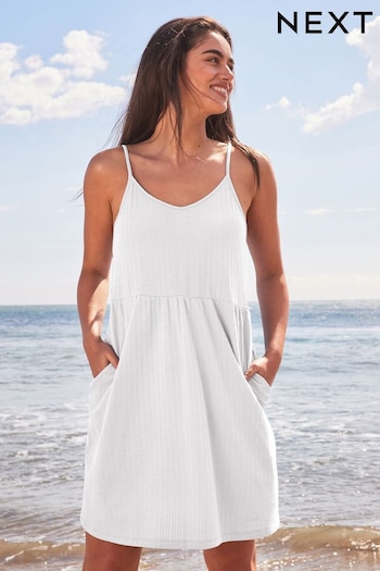 White Cotton Seersucker Short V-Neck Cami Summer Dress swim (514415) | £19