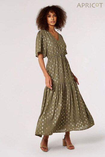 Apricot Khaki Green Foil Oval Angel Sleeve Midaxi Dress (514632) | £50