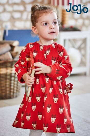 JoJo Maman Bébé Red Girls' Reindeer With Pet In Pocket Sweat Dress (514706) | £23.50