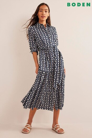Boden Blue Tiered Cotton Maxi Grau Shirt Dress (514738) | £130