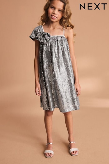 Silver Sequin One Shoulder Party Dress (3-16yrs) (515277) | £24 - £30