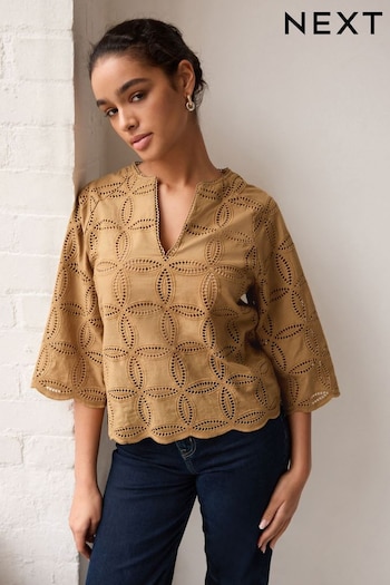Brown 3/4 Sleeve Floral Broderie Notch Neck Top (515606) | £42