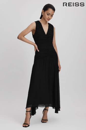 Reiss Black Saffy Ruched Bodycon Midi Dress (515948) | £268