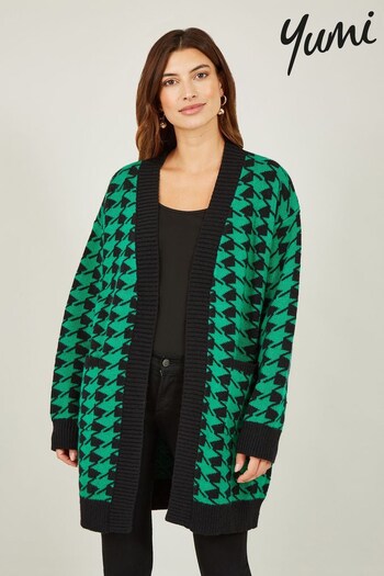 Yumi Green Long Dogtooth Intarsia Knit Cardigan (515972) | £50