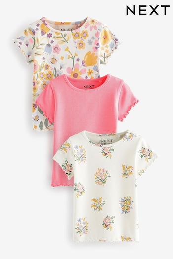 Pink Floral Short Sleeve Rib T-Shirts beige 3 Pack (3mths-7yrs) (516770) | £12 - £16