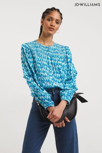 JD Williams Blue Print Shirred Yoke Top With Frill Sleeves (517385) | £28