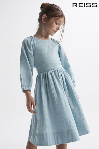 Reiss Blue Hannah Senior Cotton Bow Back Dress floral (517704) | £76