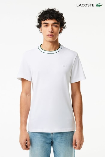 Lacoste Ringer Striped Collar Pique Cotton White T-Shirt (517807) | £70