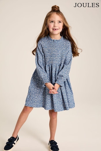 Joules Gracie Blue Floral Long Sleeve Shirred Dress linen (518062) | £29.95 - £32.95