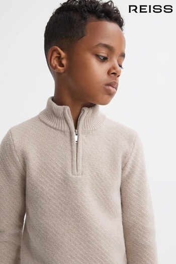 Reiss Oatmeal Melange Tempo Junior Slim Fit Knitted Half-Zip Funnel Neck Jumper (518139) | £38