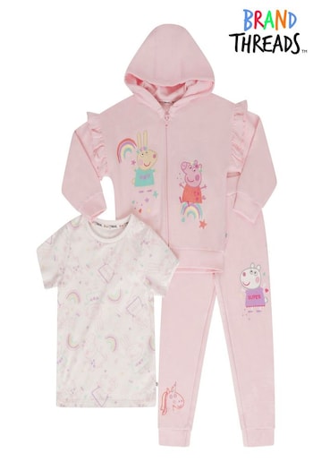 Brand Threads Pink Peppa Pig Three Girls Loungewear Jogger Set (518182) | £25