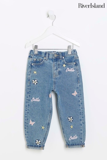 River Island Blue Mom Girls Denim Novelty Embroidered konturer Jeans (519765) | £23