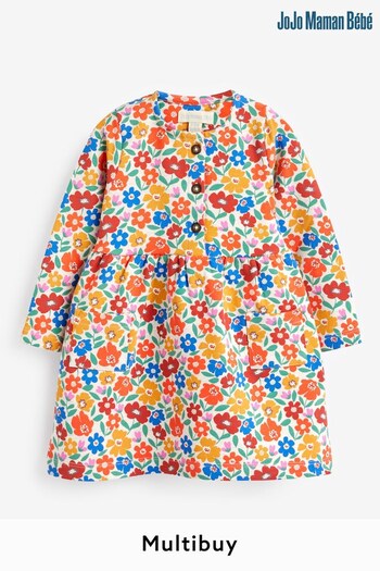 JoJo Maman Bébé Natural Girls' Flower With Pet In Pocket Button Front Dress (519853) | £22