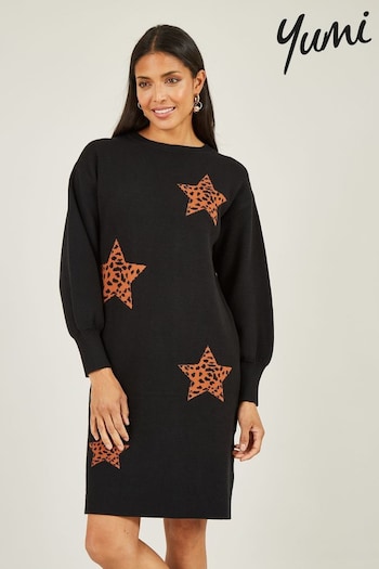 Yumi Black Relaxed Fit Intarsia Star Print Tunic Dress (520154) | £19.50