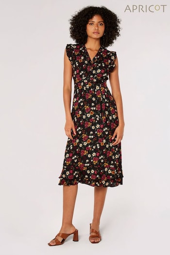 Apricot Black Brushstroke Floral Midi Dress (520751) | £35