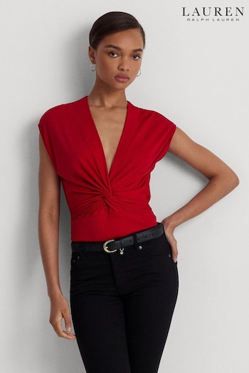 Lauren Ralph Lauren Red Twist Front Jersey Cap Sleeve Blouses (520978) | £99