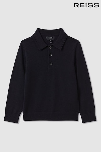 Reiss Navy Trafford Junior Merino Wool organic-cotton Polo Shirt (521630) | £34