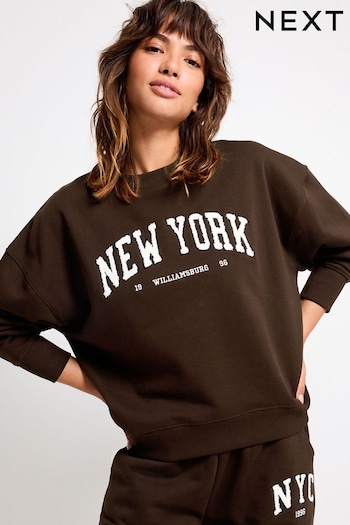 Chocolate Brown Bouclé New York City Graphic Slogan Sweatshirt (521648) | £32