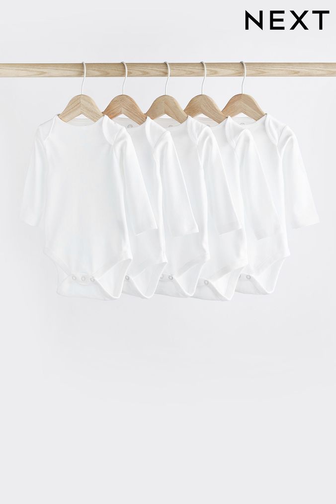 White 5 Pack Essential Baby Long Sleeve Bodysuits (522046) | £10 - £12
