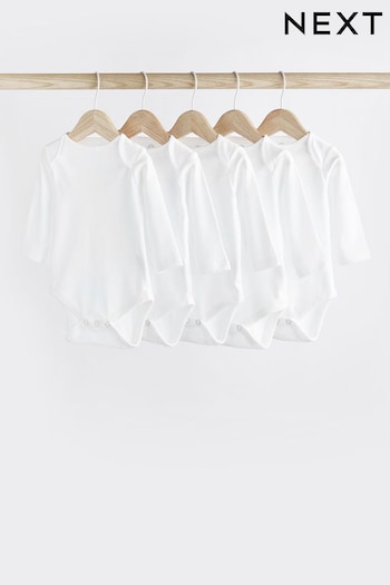 White 5 Pack Essential Baby Long Sleeve Bodysuits (522046) | £9 - £11