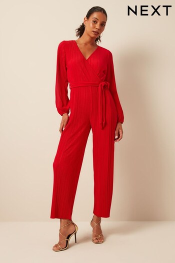Red Long Sleeve Plissé Jumpsuit (523512) | £42