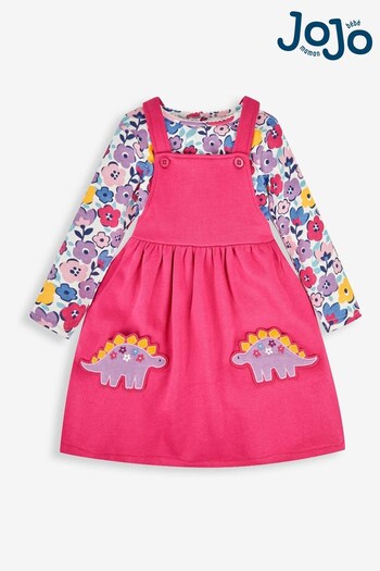 JoJo Maman Bébé Raspberry Dino Applique Pocket Pinafore Dress Carpenter & Top Set (523537) | £26.50