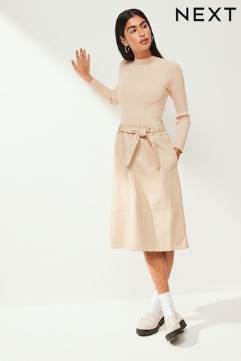 Neutral 2-In-1 High Neck Faux Leather PU Mix Belted Jumper Dress Tapered (524195) | £50